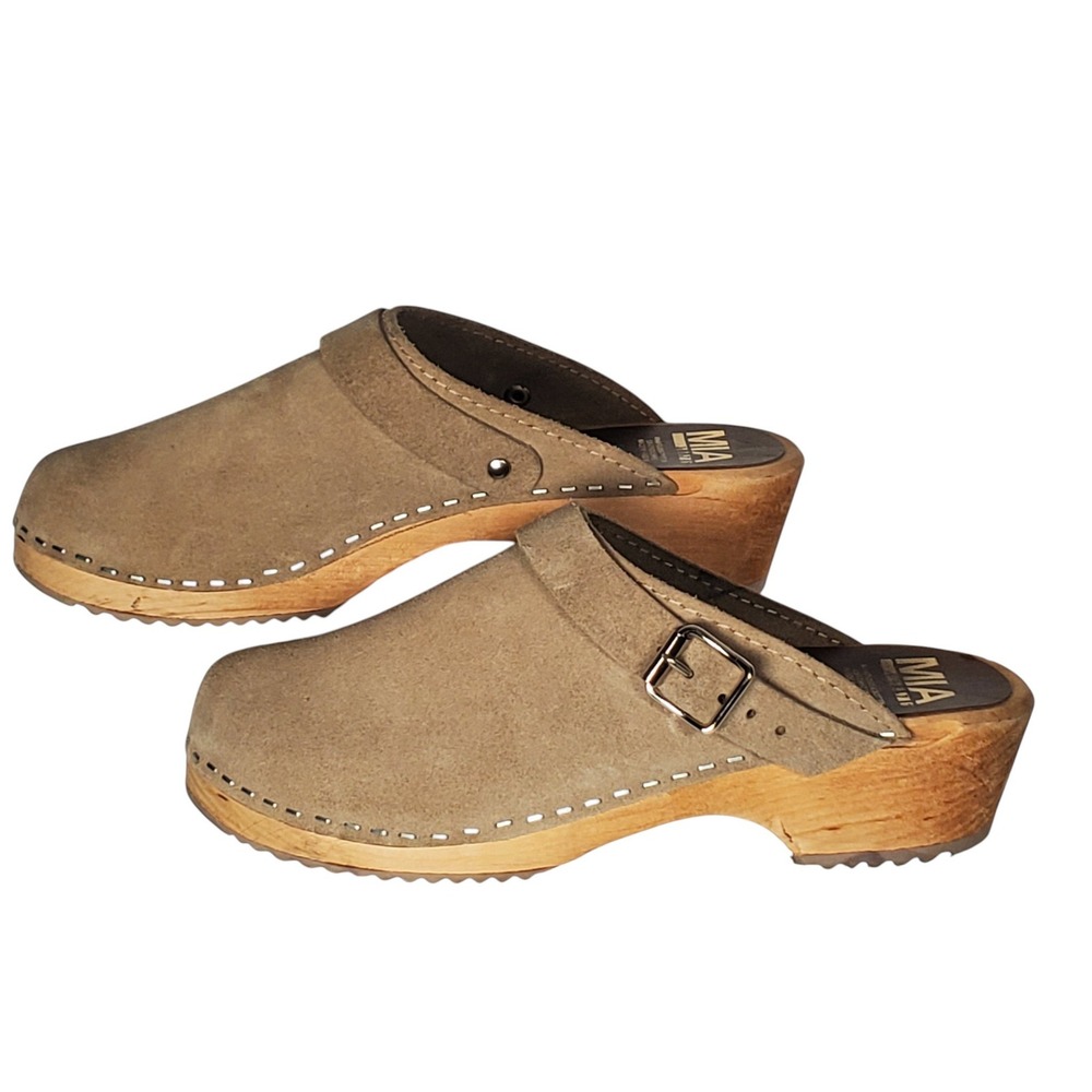 MIA Alma Swedish Clogs Womens 7.5-8 EU 38 Taupe Suede Wood Slingback Mule